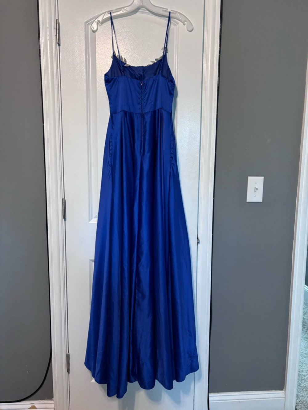 B Darlin Royal Blue Satin Maxi Dress Slit Spaghetti Strap Formal pockets Size 4 - Picture 8 of 13